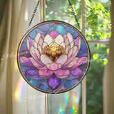 Lotus Flower Stained Glass Suncatcher, Round Pink and Purple Window Panel with Golden Center, Spiritual Zen Glass Art Meditation Home Decor